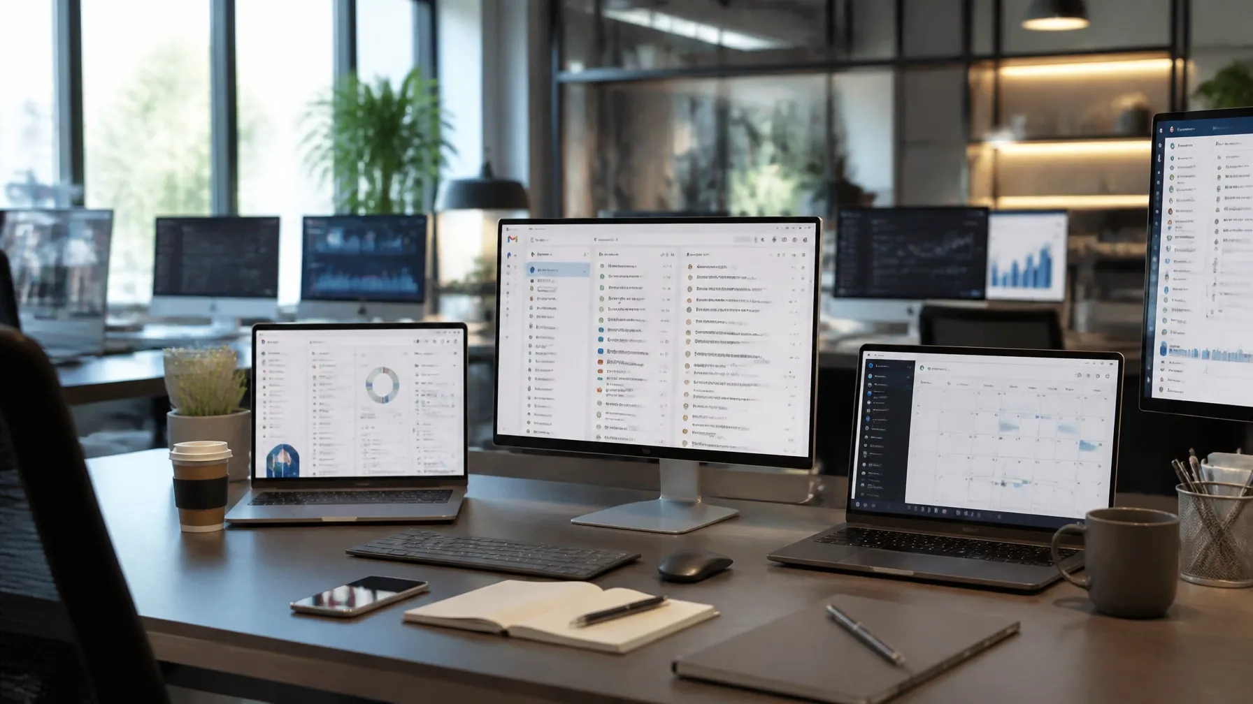 A home office dashboard with multiple screens ready for your AI team